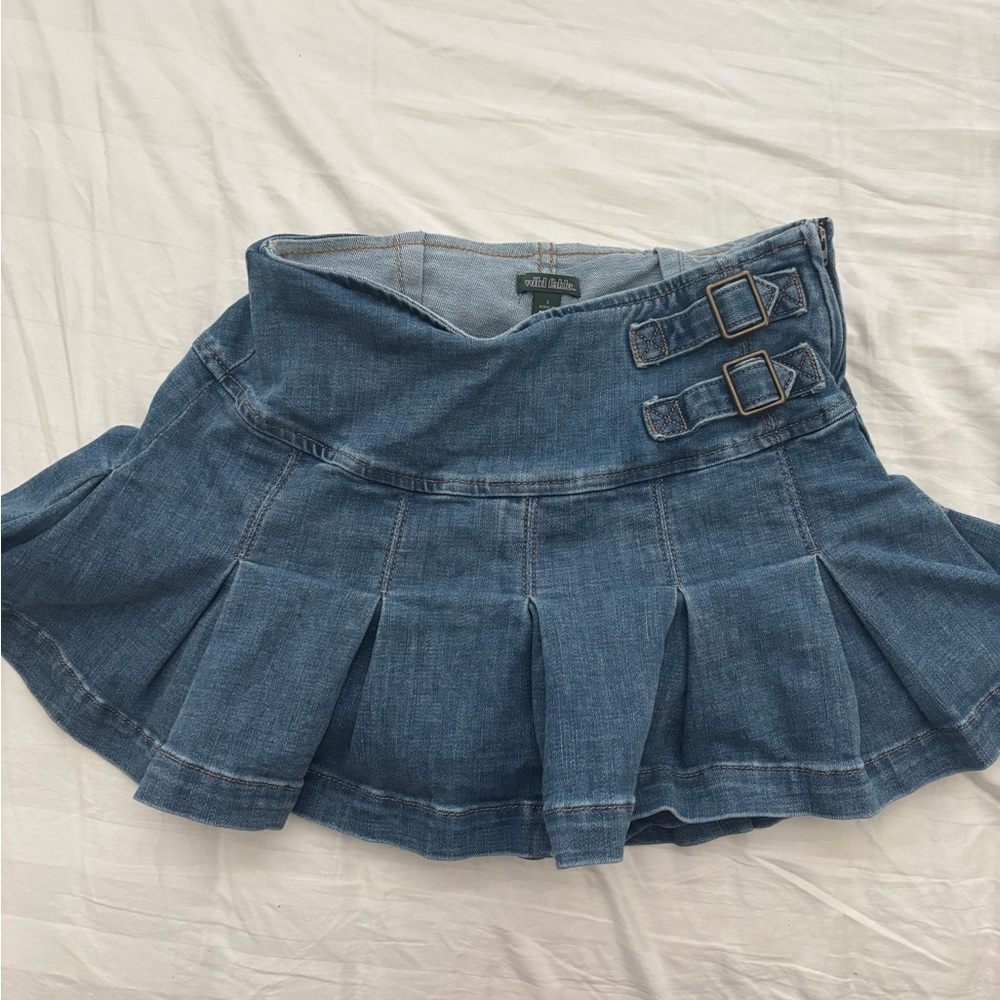 Blue Asphalt Pleated Denim Mini Skirt with Buckles